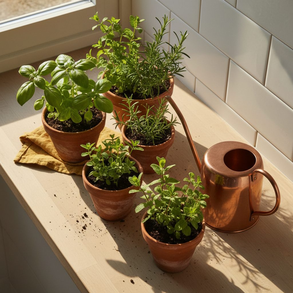 Sunlit windowsill herb garden with terracotta pots and copper watering can