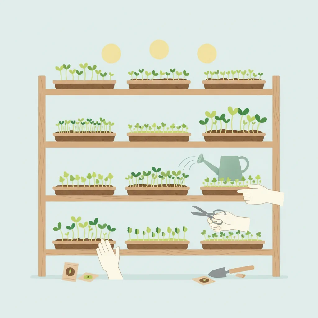 Trays of freshly sprouted microgreens growing under a grow light at home